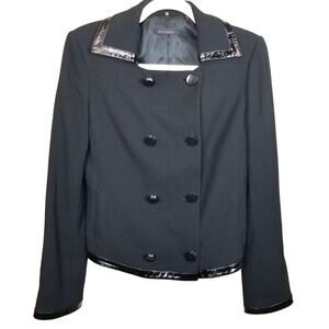 Elie Tahari Womens Virgin Wool Blazer Leather Trim Size 6 Classic Dark Academia